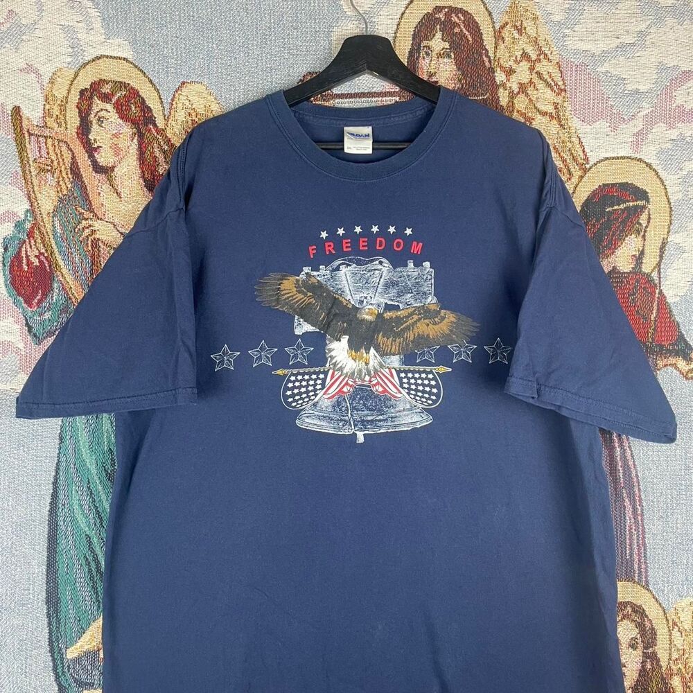 Vintage 90s USA Eagle Freedom Shirt Men’s Gildan Tag Size XXL Blue Flag Harley - Picture 2 of 8